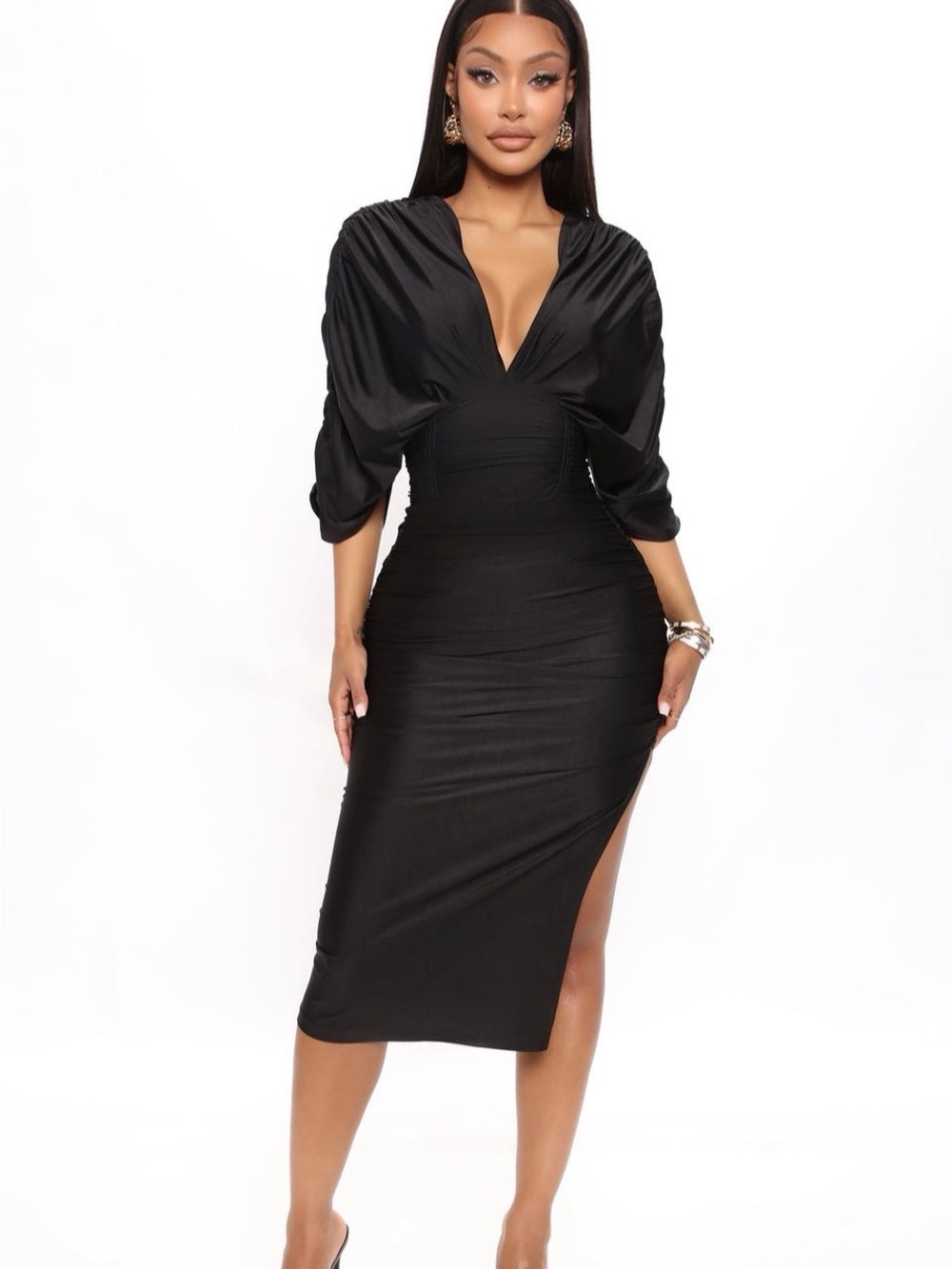 Fashion Nova Black V-Neck Ruched Midi Dress with Side Slit